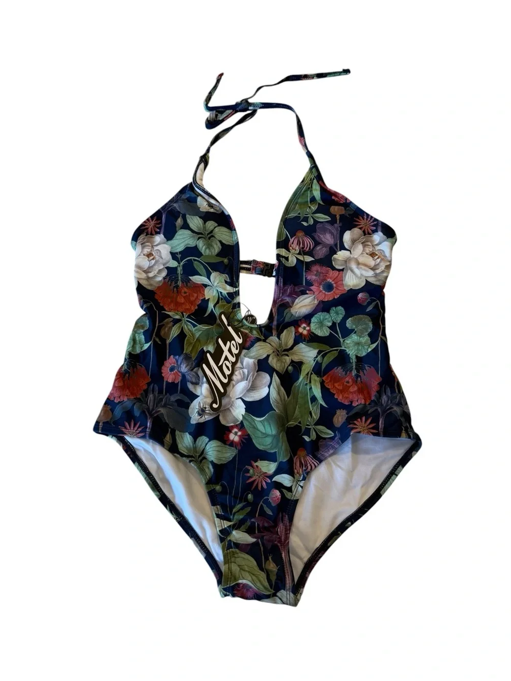 Motel Rocks x UO Sunny Day Navy Botanical Floral Plunge One Piece Swimsuit S New - Picture 4 of 16